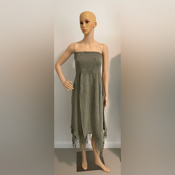 Kiwi + Punch Dresses & Skirts - Green Smocked Shirred Sleeveless Midi Asymmetrical Dress